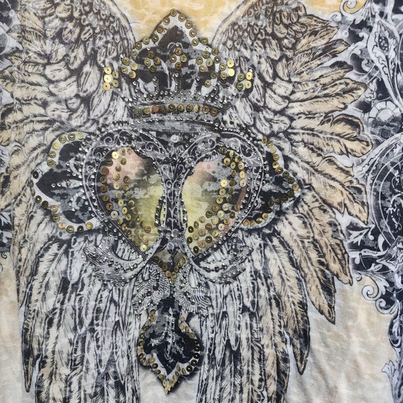 Urban X Boho Angel Wings Burnout Asymmetrical Top Women’s L Yellow Graphic - Picture 4 of 6